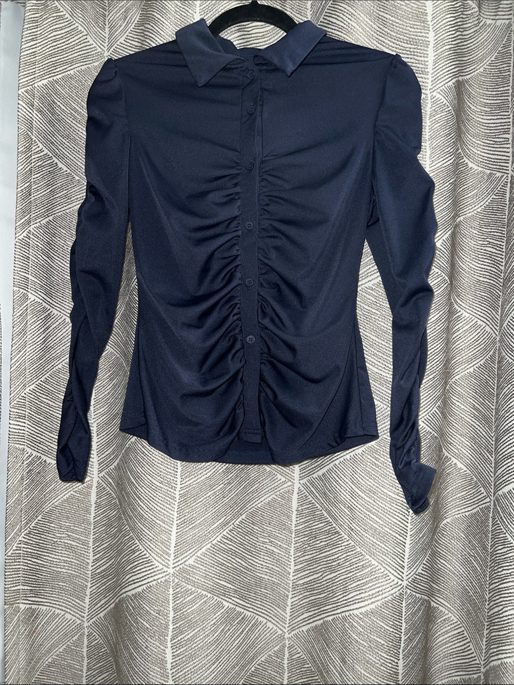 Structured Ruched Button-Front Women's Top - Navy - Picture 1 of 2